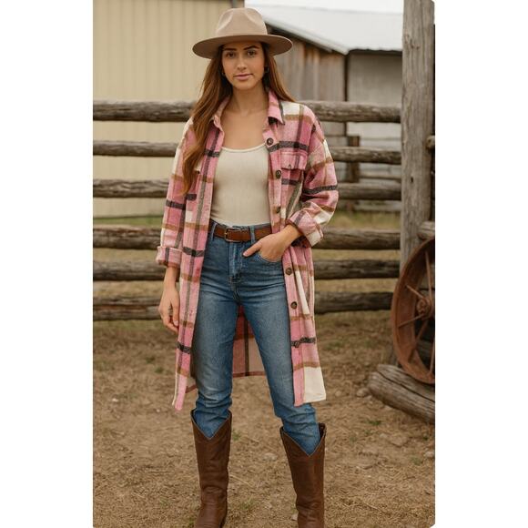 Womens Pink Lapel Plaid Wool Blend Coat Longline Jacket - Size M Western - Picture 1 of 6